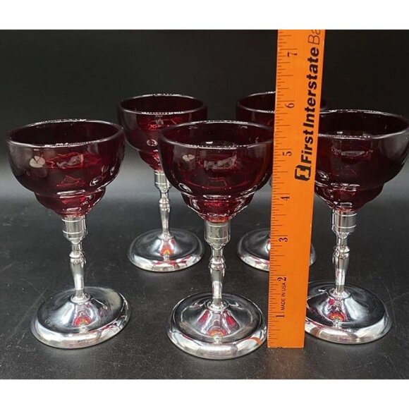 Moondrop Ruby Red Glass Cordial W/ Metal chrome Stem Martinsville Set 5 - Picture 5 of 12
